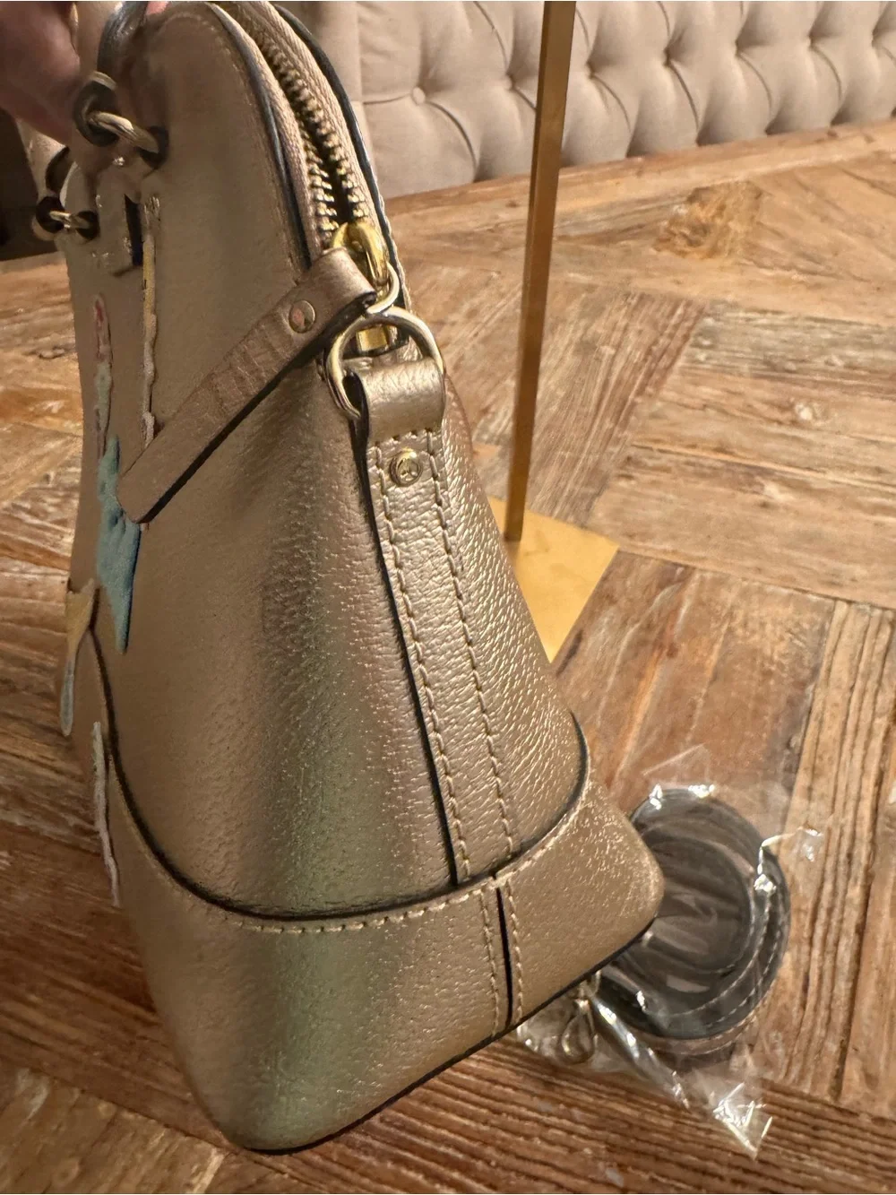 kate spade Metallic Champagne Dome Satchel with Mermaid Travel Appliqués